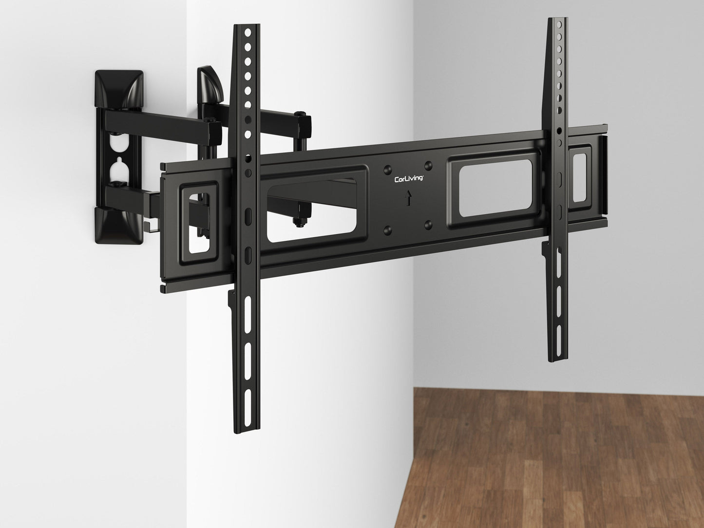Sleek black corner TV wall mount with adjustable arms and a sturdy steel frame, designed for flat-screen TVs up to 65 inches, providing optimal viewing angles and space-saving installation.