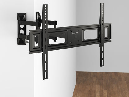 Sleek black corner TV wall mount with adjustable arms and a sturdy steel frame, designed for flat-screen TVs up to 65 inches, providing optimal viewing angles and space-saving installation.