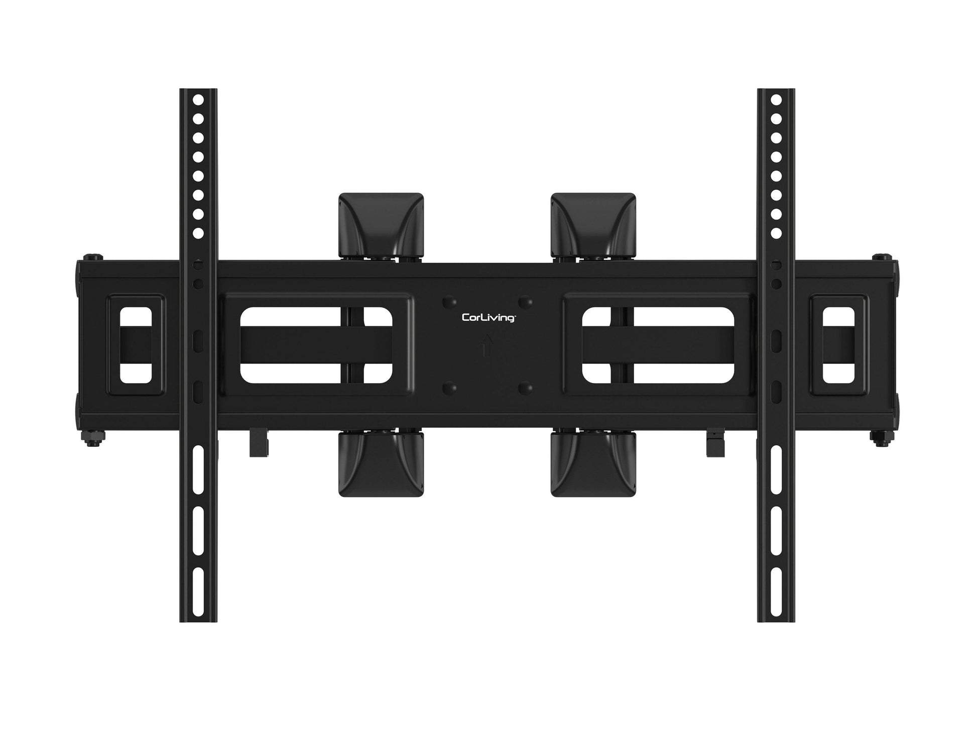 Sleek black corner TV wall mount with adjustable arms and a sturdy steel frame, designed for flat-screen TVs up to 65 inches, providing optimal viewing angles and space-saving installation.