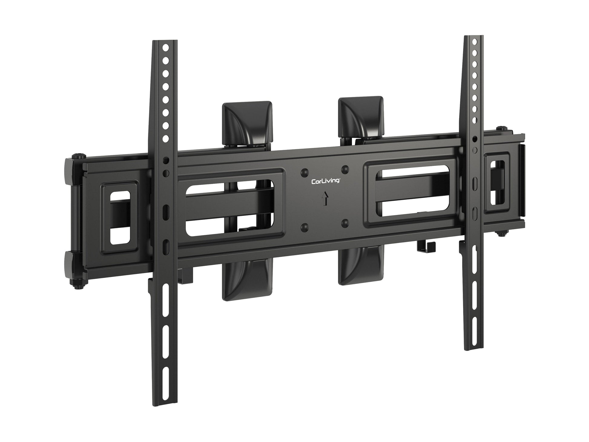 Sleek black corner TV wall mount with adjustable arms and a sturdy steel frame, designed for flat-screen TVs up to 65 inches, providing optimal viewing angles and space-saving installation.