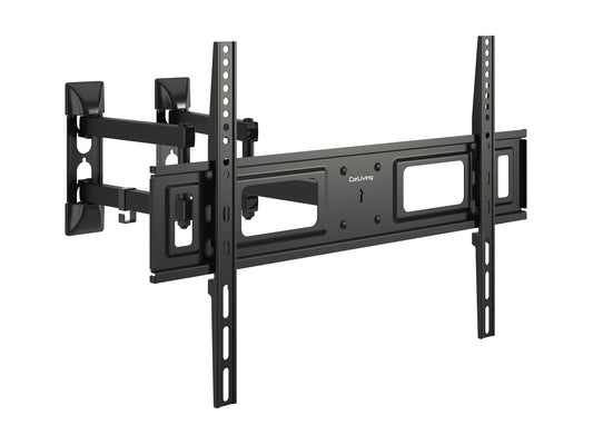 Sleek black corner TV wall mount with adjustable arms and a sturdy steel frame, designed for flat-screen TVs up to 65 inches, providing optimal viewing angles and space-saving installation.