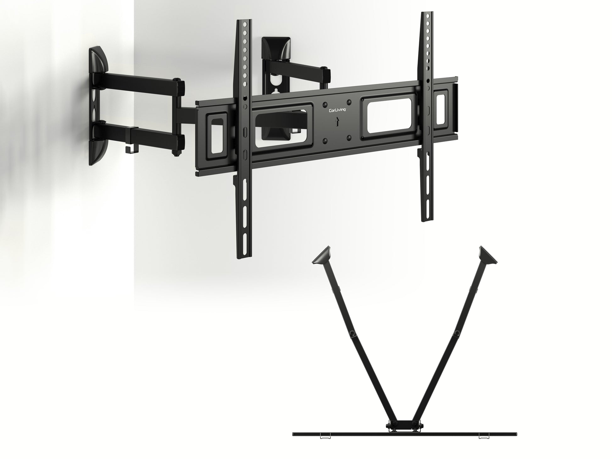 Sleek black corner TV wall mount with adjustable arms and a sturdy steel frame, designed for flat-screen TVs up to 65 inches, providing optimal viewing angles and space-saving installation.