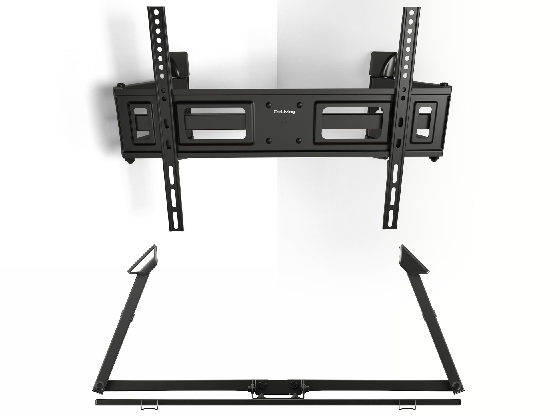 Sleek black corner TV wall mount with adjustable arms and a sturdy steel frame, designed for flat-screen TVs up to 65 inches, providing optimal viewing angles and space-saving installation.