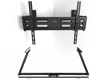 Sleek black corner TV wall mount with adjustable arms and a sturdy steel frame, designed for flat-screen TVs up to 65 inches, providing optimal viewing angles and space-saving installation.