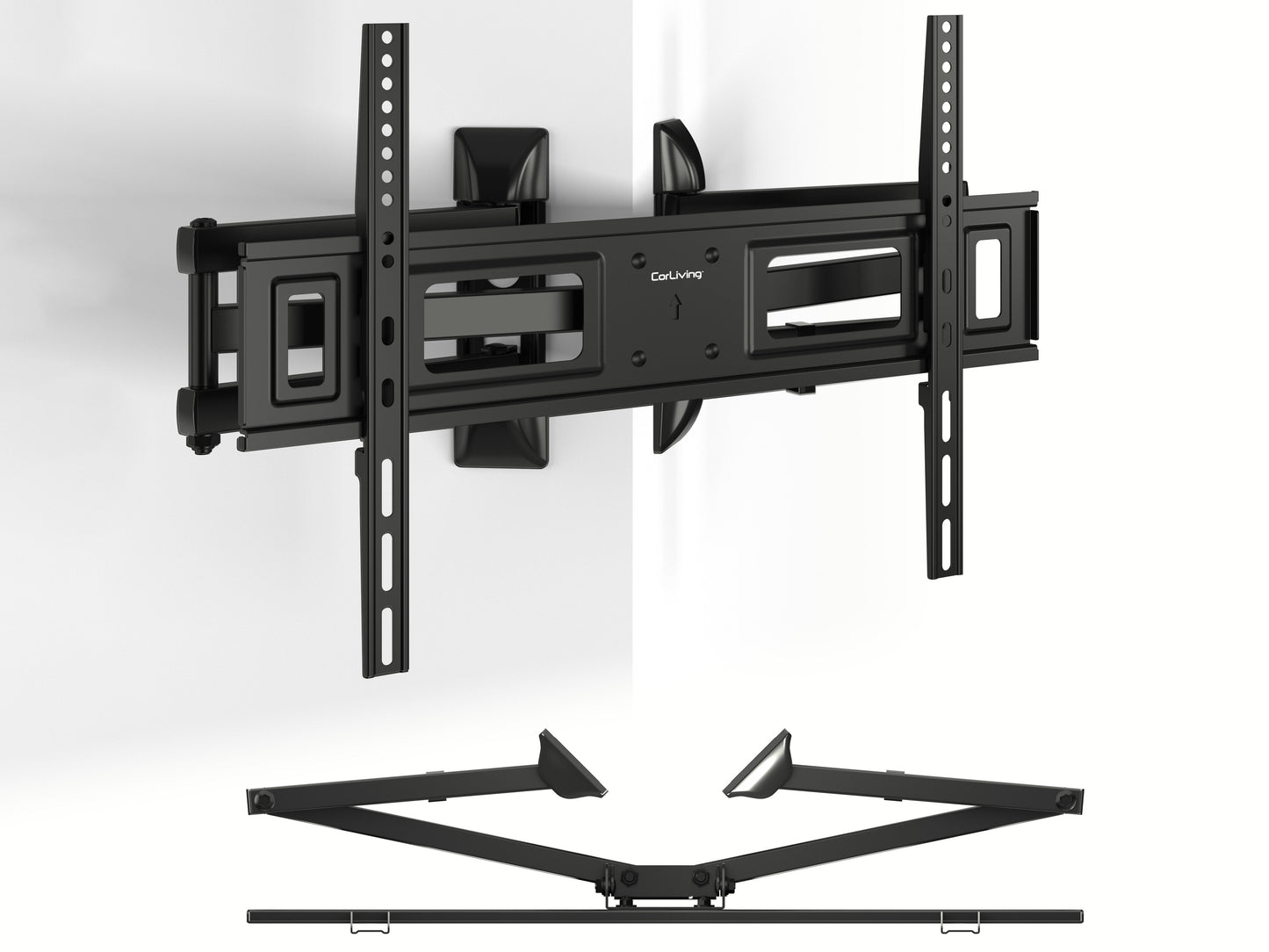 Sleek black corner TV wall mount with adjustable arms and a sturdy steel frame, designed for flat-screen TVs up to 65 inches, providing optimal viewing angles and space-saving installation.