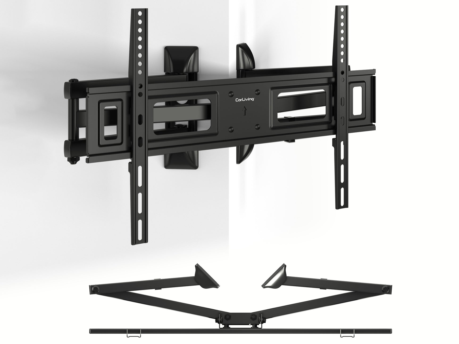 Sleek black corner TV wall mount with adjustable arms and a sturdy steel frame, designed for flat-screen TVs up to 65 inches, providing optimal viewing angles and space-saving installation.