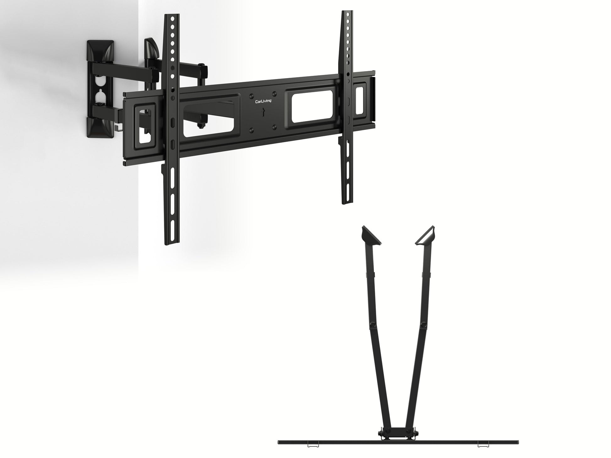 Sleek black corner TV wall mount with adjustable arms and a sturdy steel frame, designed for flat-screen TVs up to 65 inches, providing optimal viewing angles and space-saving installation.