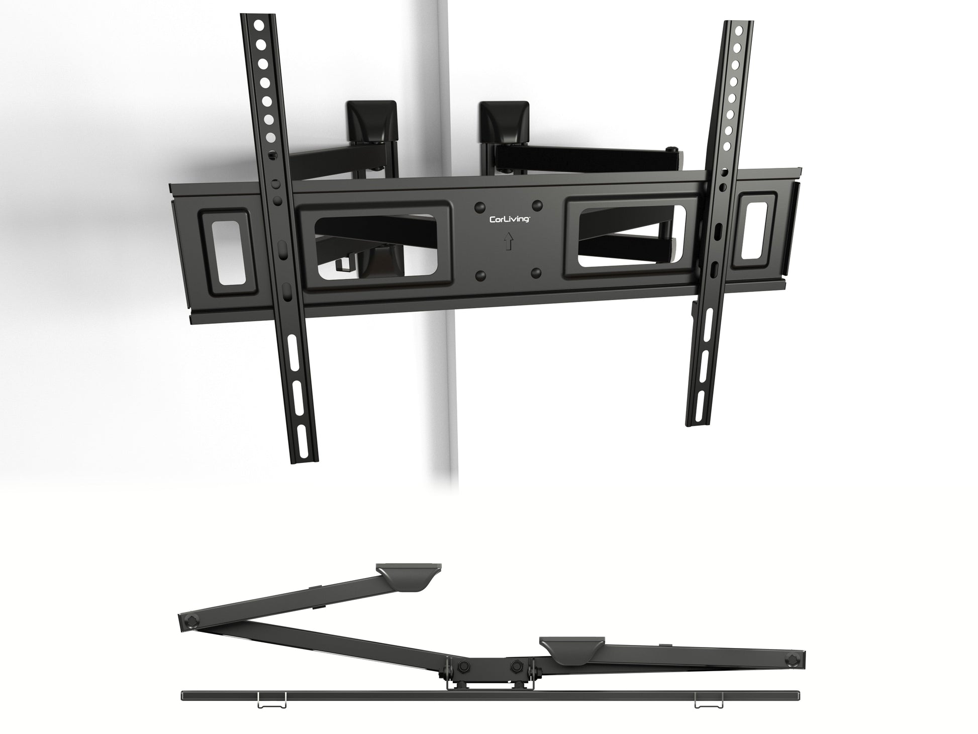 Sleek black corner TV wall mount with adjustable arms and a sturdy steel frame, designed for flat-screen TVs up to 65 inches, providing optimal viewing angles and space-saving installation.