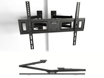 Sleek black corner TV wall mount with adjustable arms and a sturdy steel frame, designed for flat-screen TVs up to 65 inches, providing optimal viewing angles and space-saving installation.