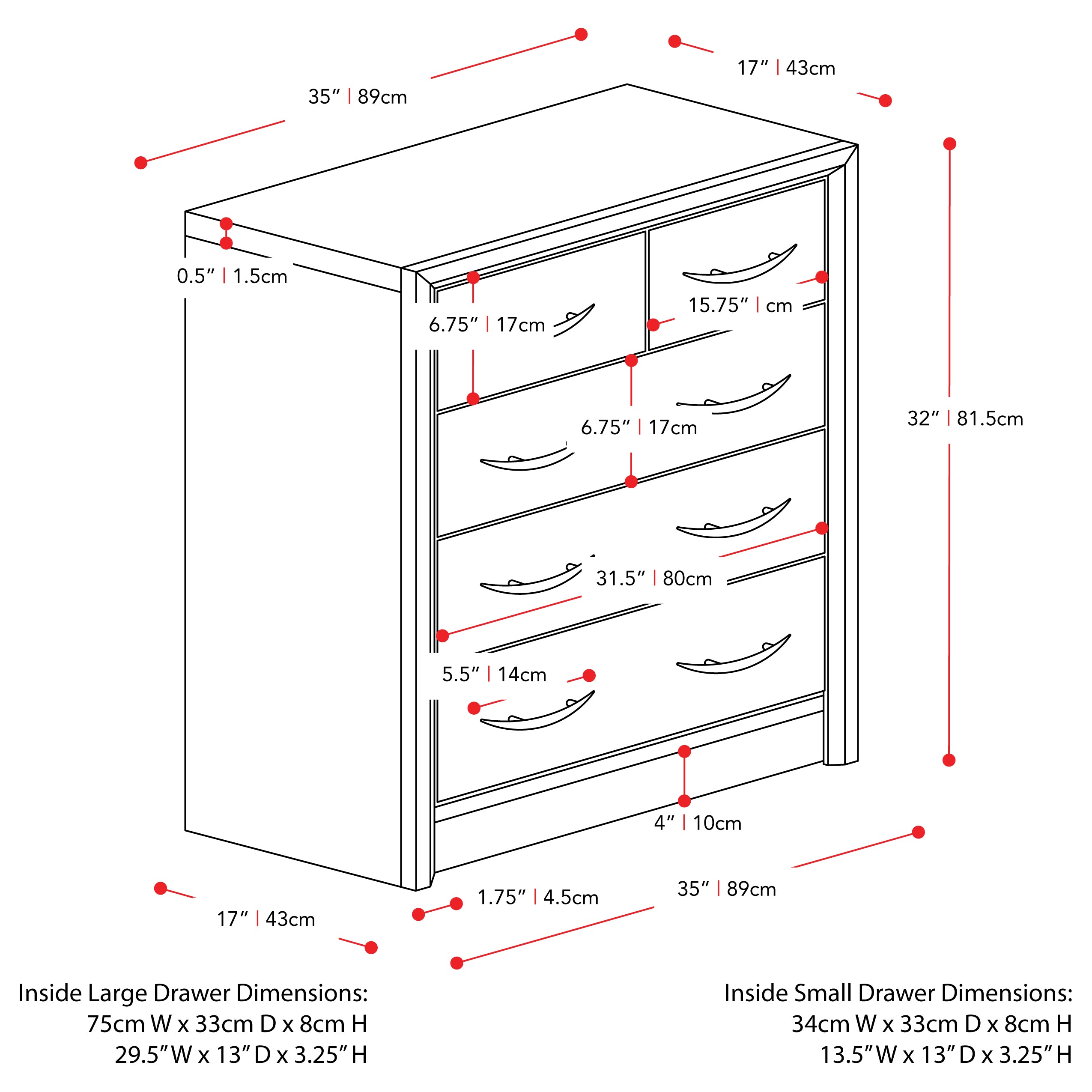 black oak Mid Century Modern Dresser Newport Collection measurements diagram by CorLiving#color_black-oak