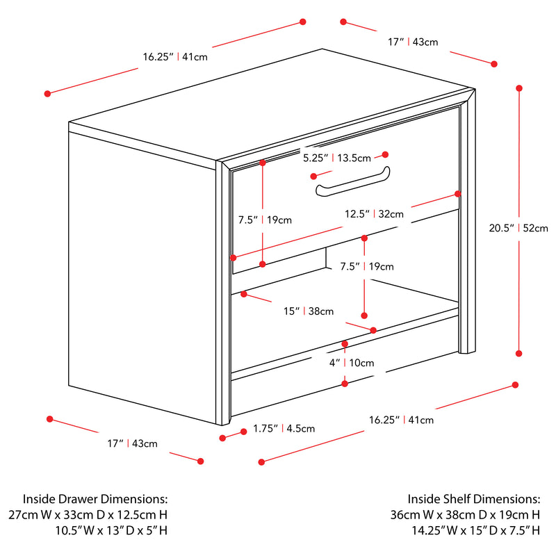 black oak Mid Century Modern Night Stand Newport Collection measurements diagram by CorLiving