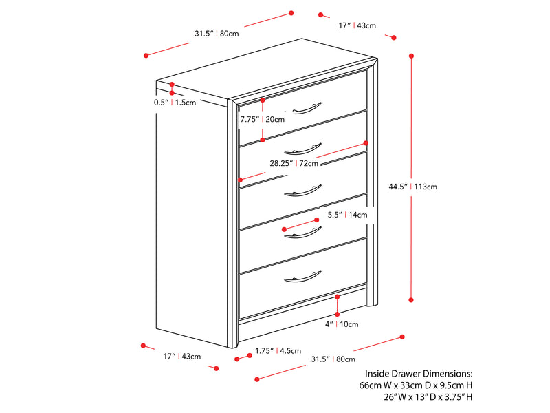 black oak Tall Bedroom Dresser Newport Collection measurements diagram by CorLiving