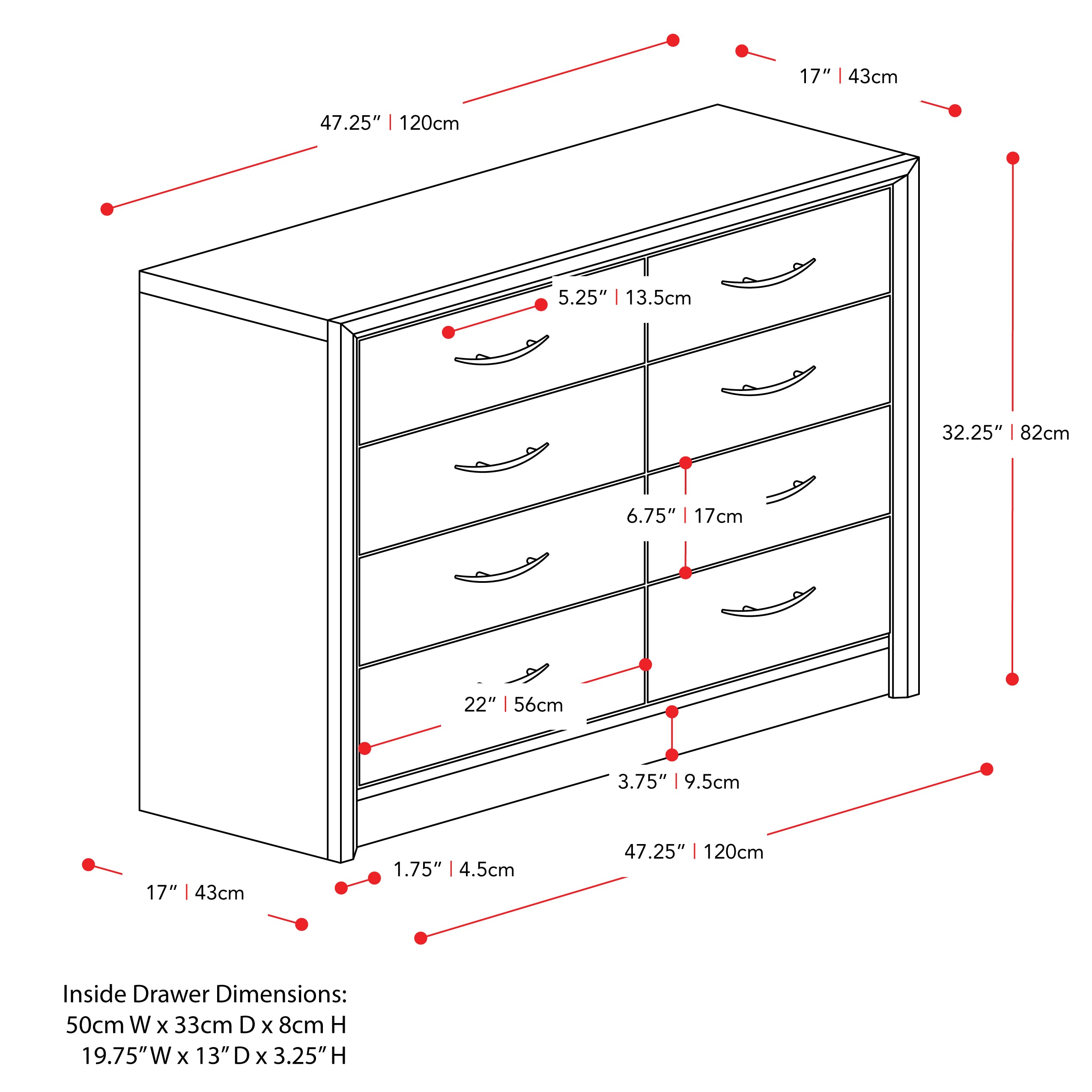 black oak 8 Drawer Dresser Newport Collection measurements diagram by CorLiving#color_black-oak
