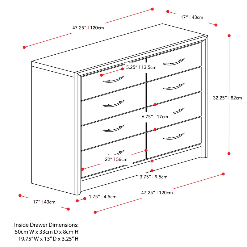 brown washed oak 8 Drawer Dresser Newport Collection measurements diagram by CorLiving