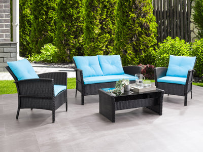 black and turquoise Wicker Patio Set, 4pc Cascade Collection lifestyle scene by CorLiving#color_black-and-turquoise