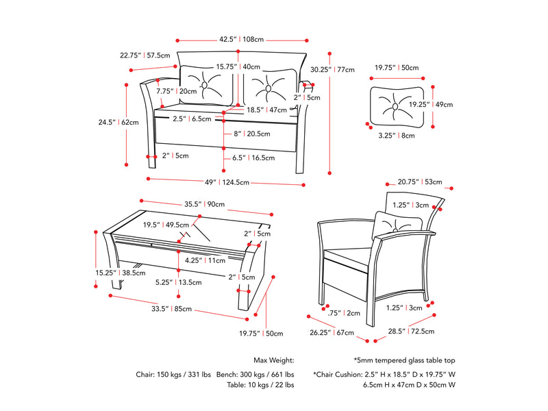 black and warm white Wicker Patio Set, 4pc Cascade Collection measurements diagram by CorLiving