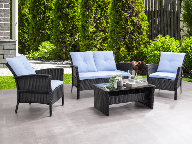 black and light blue Wicker Patio Set, 4pc Cascade Collection lifestyle scene by CorLiving