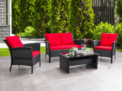 black and red Wicker Patio Set, 4pc Cascade Collection lifestyle scene by CorLiving#color_black-and-red