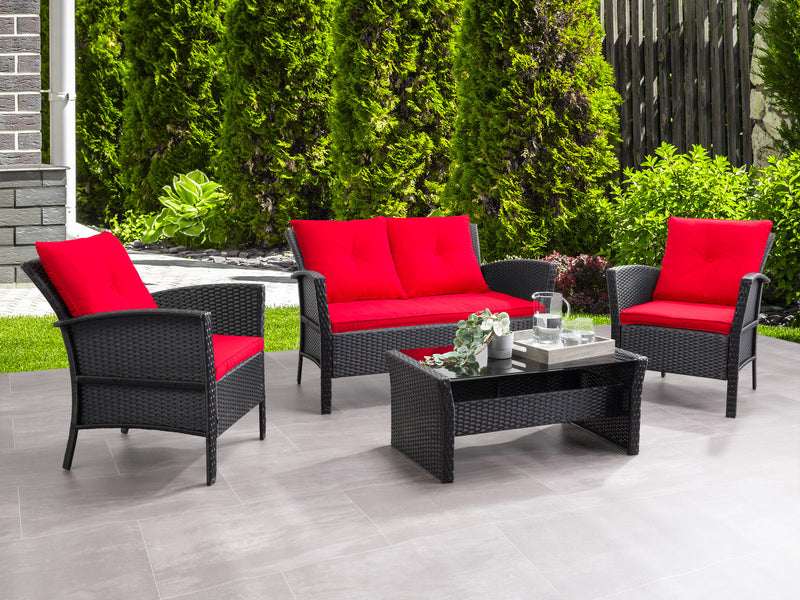 black and red Wicker Patio Set, 4pc Cascade Collection lifestyle scene by CorLiving