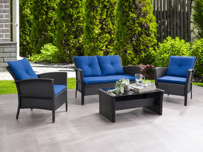 black and navy blue Wicker Patio Set, 4pc Cascade Collection lifestyle scene by CorLiving#color_black-and-navy-blue