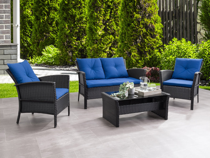 black and navy blue Wicker Patio Set, 4pc Cascade Collection lifestyle scene by CorLiving