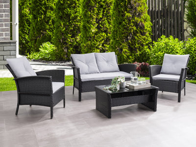 black and grey Wicker Patio Set, 4pc Cascade Collection lifestyle scene by CorLiving#color_black-and-grey