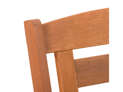 Set of 2 wooden patio bar stools with curved slatted backrests, natural wood finish, and black metal legs. Ideal for outdoor seating, combining rustic charm with modern design for comfortable and stylish outdoor dining.
