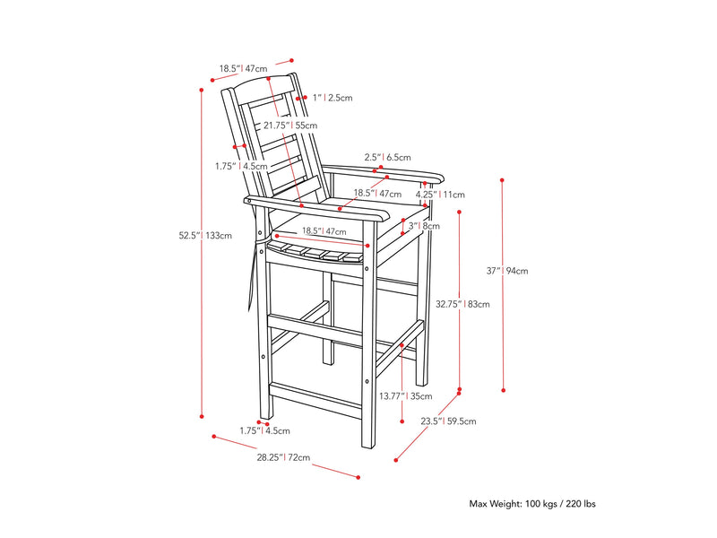 brown and black Wooden Bar Stools, Set of 2 Miramar Collection measurements diagram by CorLiving