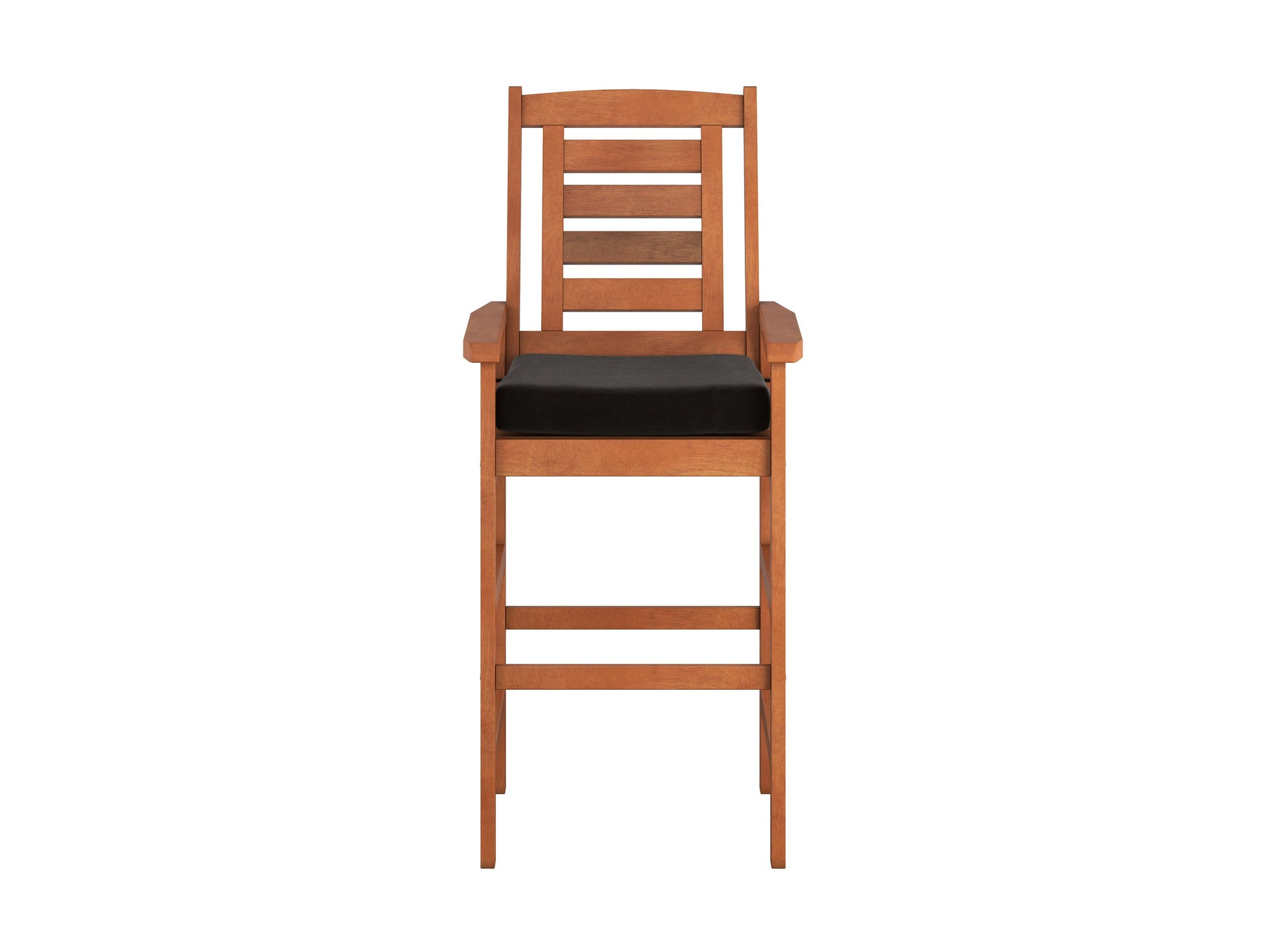Two wooden patio bar stools with slatted backs and seats, featuring a natural wood finish and sturdy metal frames, perfect for outdoor bar settings.