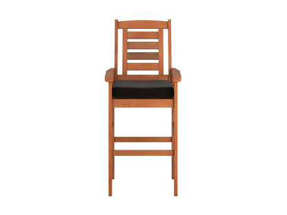 Two wooden patio bar stools with slatted backs and seats, featuring a natural wood finish and sturdy metal frames, perfect for outdoor bar settings.