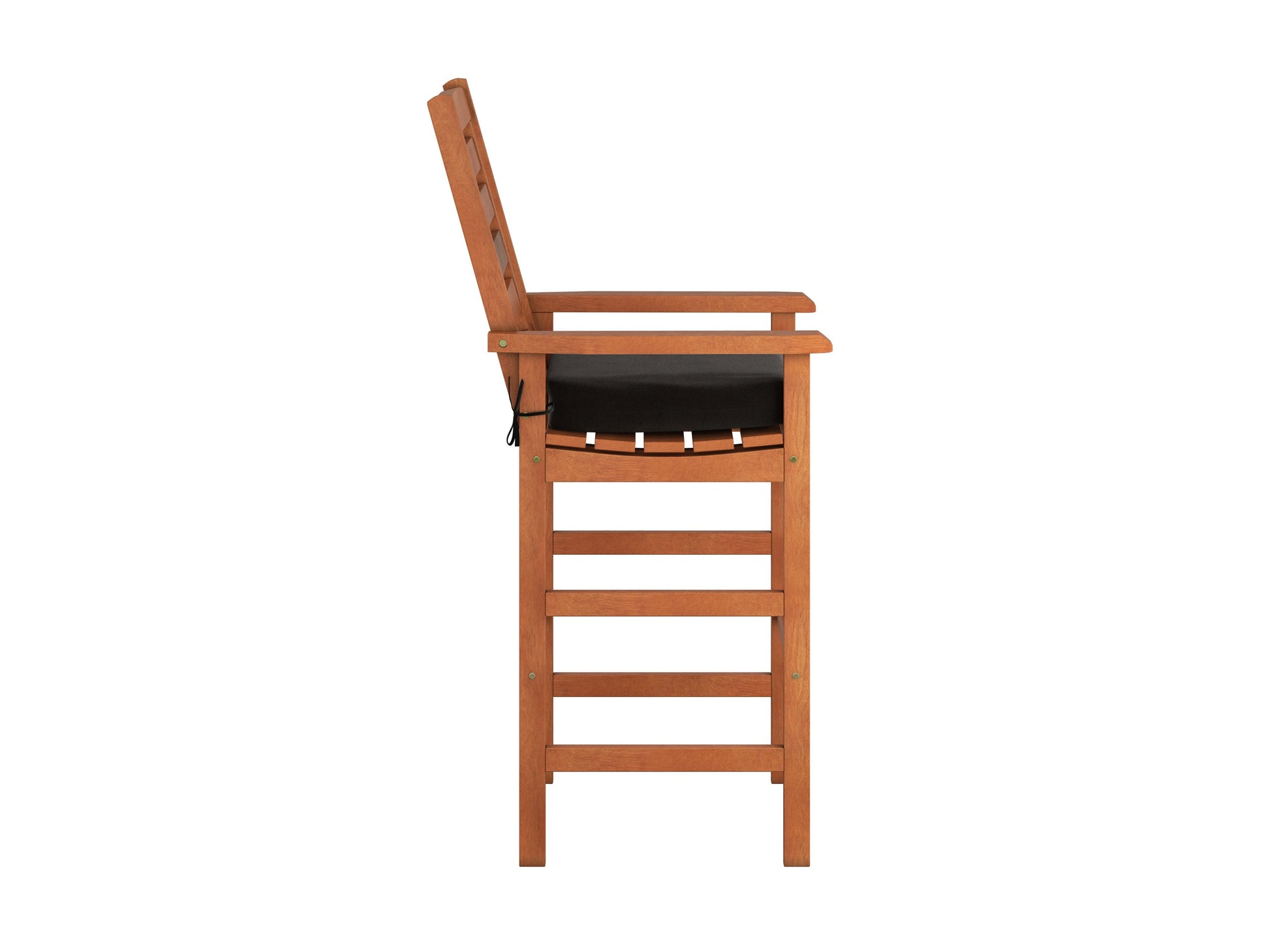 Set of 2 wooden patio bar stools with natural wood finish, black metal frame, and curved backrest. Ideal for outdoor seating, these stools combine rustic charm with modern design for a stylish and functional addition to any patio.
