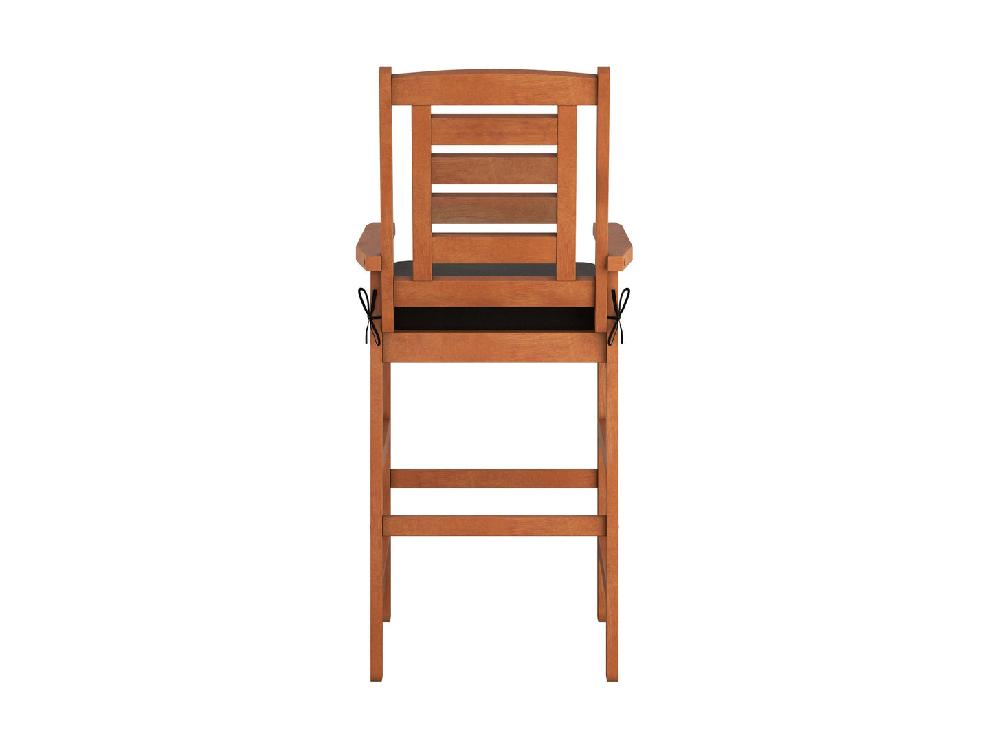 Set of 2 wooden patio bar stools with curved backrests, natural wood finish, and black metal legs, perfect for outdoor bar areas or garden seating.