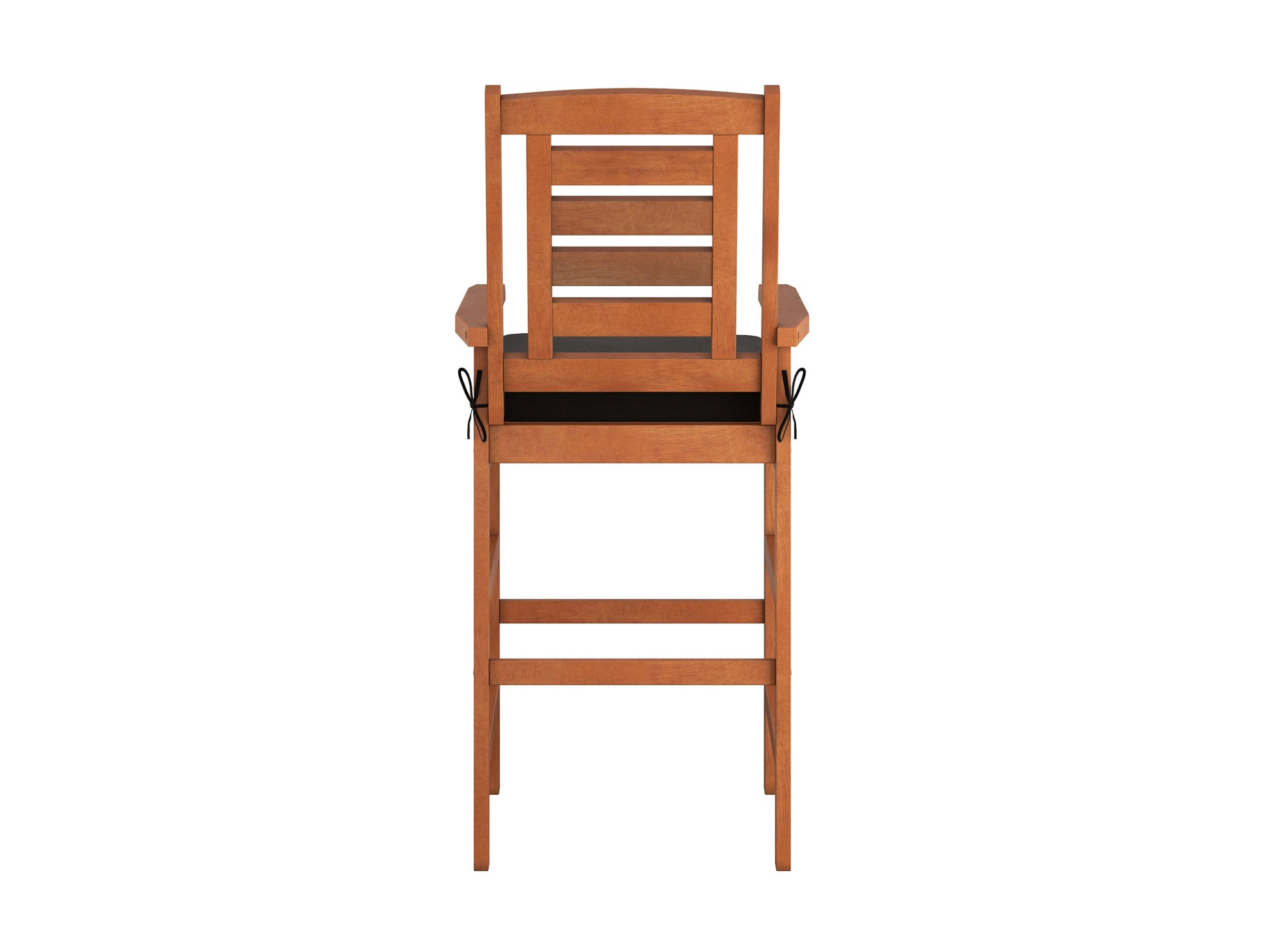 Set of 2 wooden patio bar stools with curved backrests, natural wood finish, and black metal legs, perfect for outdoor bar areas or garden seating.