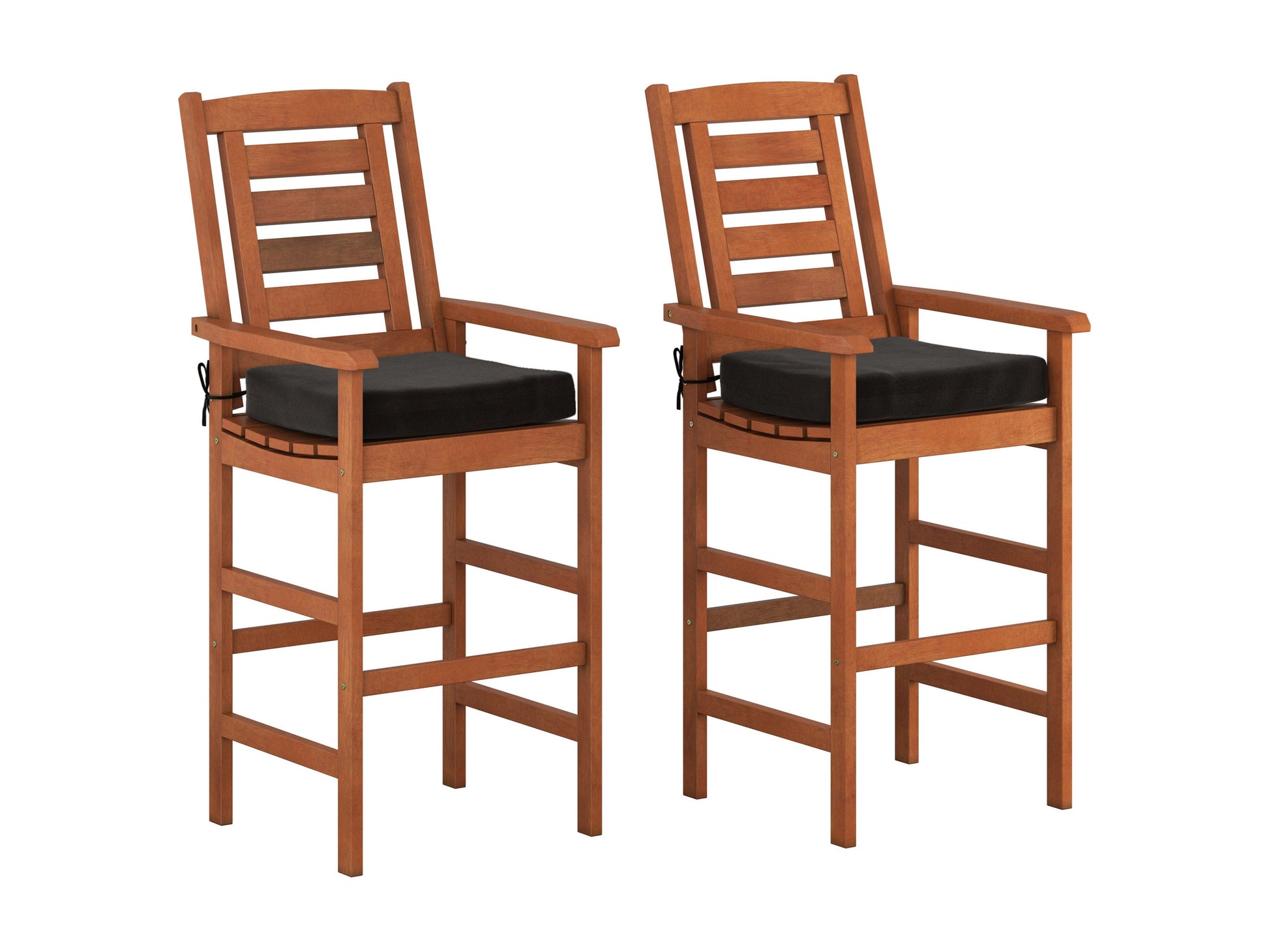 Black and brown wicker patio bar set with four high stools and a rectangular glass-top bar table, featuring durable materials and modern design for outdoor dining and entertainment.