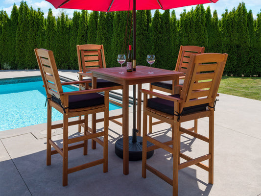 Gray and black 5-piece patio bar set with tall stools and a high rectangular table, featuring sleek metal frames and weather-resistant materials, perfect for outdoor dining and entertaining.
