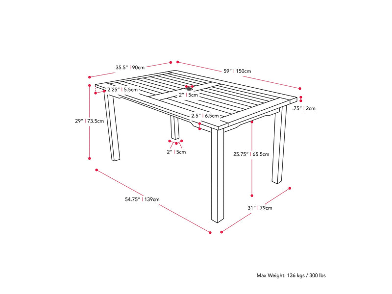 white Outdoor Wood Dining Table Miramar Collection measurements diagram by CorLiving