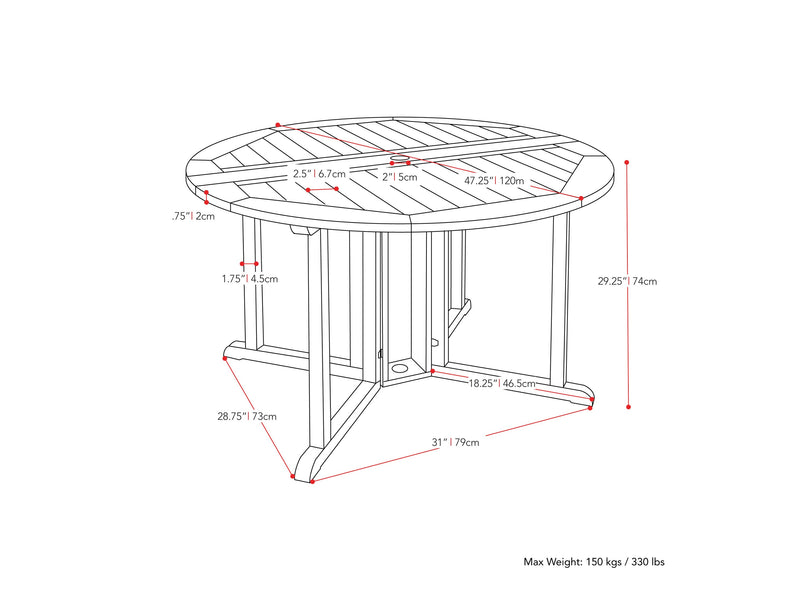 brown Outdoor Drop Leaf Table Miramar Collection measurements diagram by CorLiving