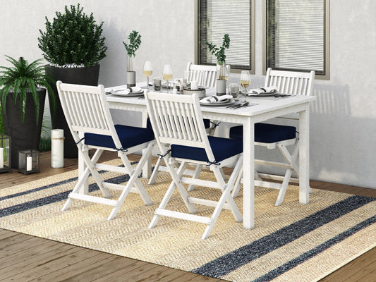 Gray patio dining set with four cushioned chairs and a rectangular table, featuring a sleek, modern design and durable aluminum frame, perfect for outdoor dining and entertaining.
