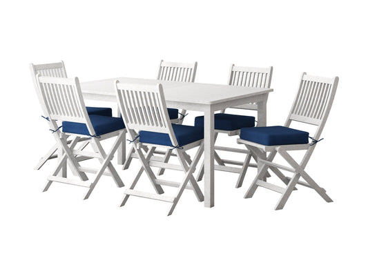 7-piece patio dining set with a rectangular wooden table and six cushioned chairs featuring brown frames and beige fabric, perfect for outdoor dining and entertaining.
