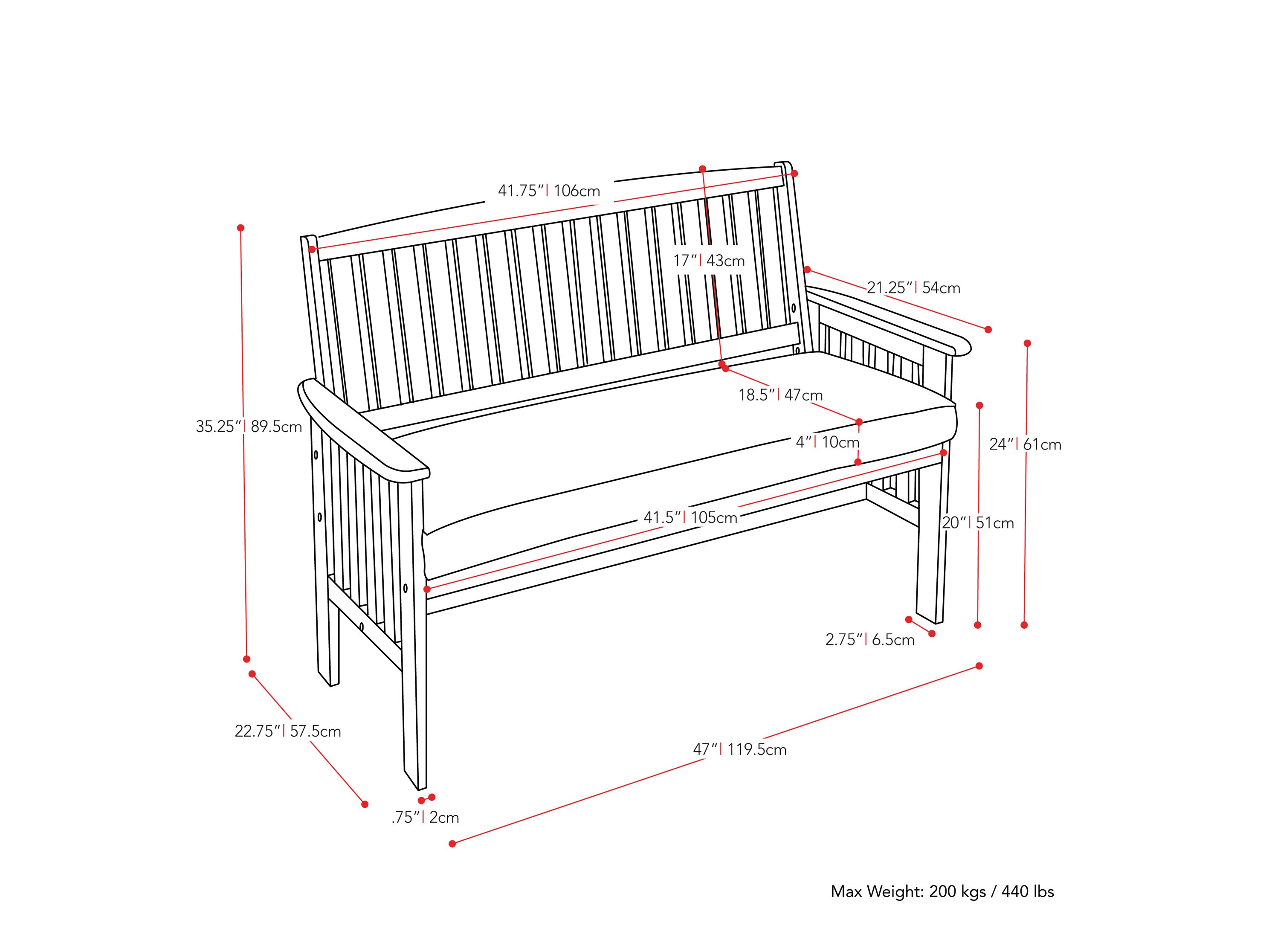 brown Wood Bench with Back Miramar Collection measurements diagram by CorLiving#color_miramar-brown