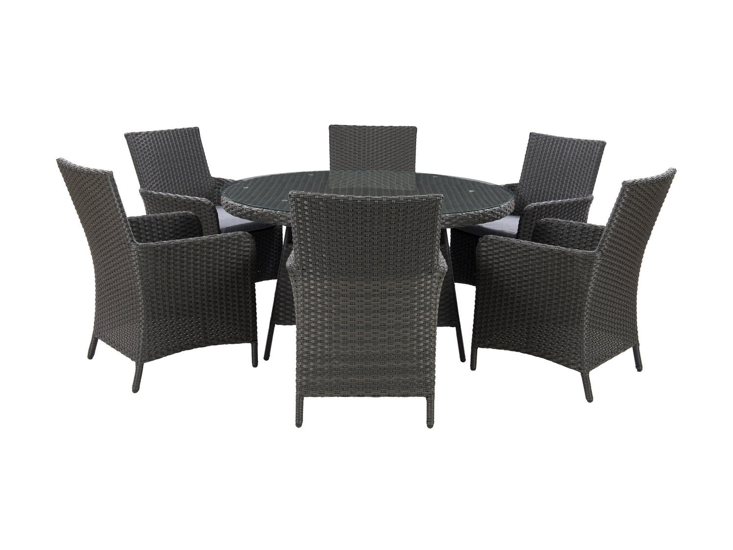 Weather-resistant 7-piece patio dining set with a rectangular table and six cushioned chairs, featuring a durable metal frame and neutral beige cushions, perfect for outdoor use in all seasons.