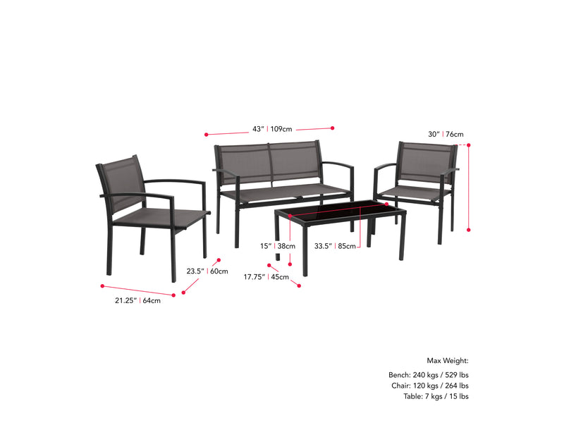 grey Metal Outdoor Conversation Set, 4pc Everett Collection measurements diagram by CorLiving