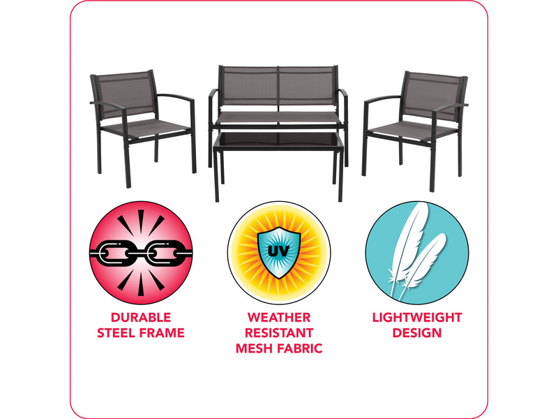 grey Metal Outdoor Conversation Set, 4pc Everett Collection infographic by CorLiving