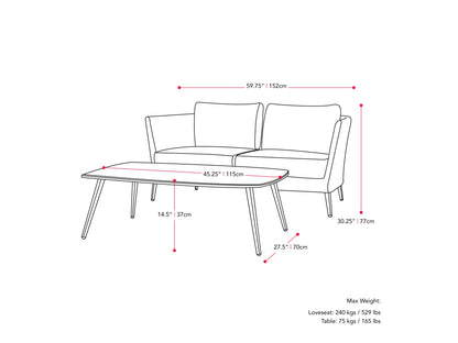 Black metal patio conversation set with beige cushions, including a sofa, two armchairs, and a glass-top coffee table, featuring weather-resistant materials and modern design for outdoor use.