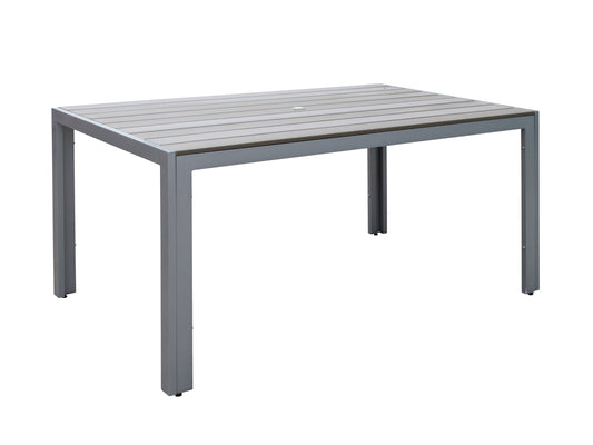 Modern rectangular patio dining table with sleek black metal frame, wood-like slatted top, and minimalist design perfect for outdoor spaces. Durable, weather-resistant materials suitable for garden or deck dining.