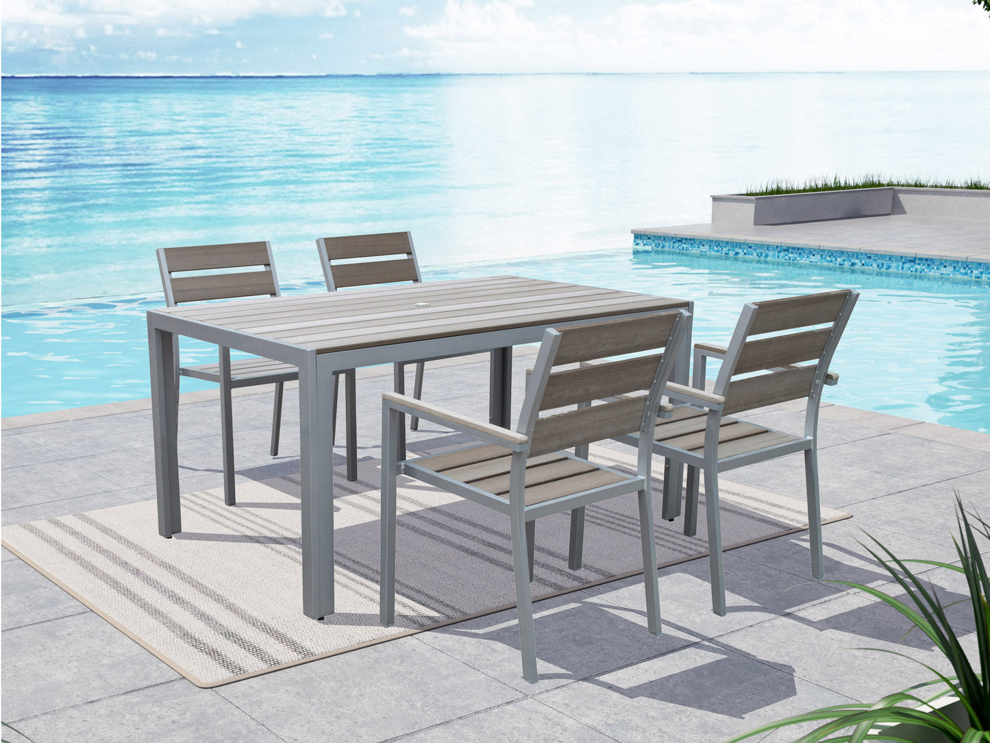 Gray outdoor patio dining set with four cushioned chairs and a rectangular table, featuring a slatted tabletop and sturdy metal frame, perfect for alfresco dining and entertaining.