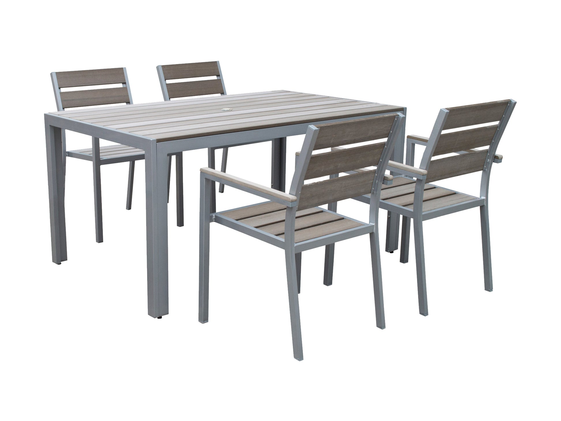 Outdoor patio dining set with four wicker chairs and a rectangular wooden table, featuring a sleek black frame and beige cushions, perfect for alfresco dining and garden gatherings.