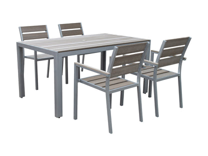 Outdoor patio dining set with four wicker chairs and a rectangular wooden table, featuring a sleek black frame and beige cushions, perfect for alfresco dining and garden gatherings.