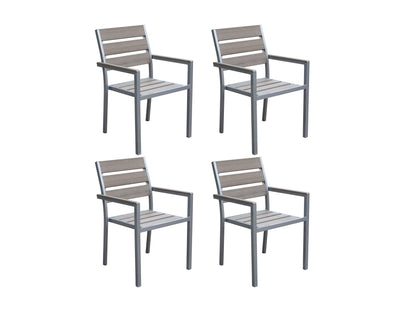 Outdoor patio dining set with 4 cushioned chairs and a rectangular wooden table, featuring a natural wood finish and black metal frames, perfect for garden or backyard dining.