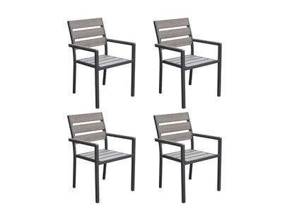 Set of 4 gray wicker patio dining chairs with cushioned seats, featuring durable aluminum frames and weather-resistant materials for outdoor use.
